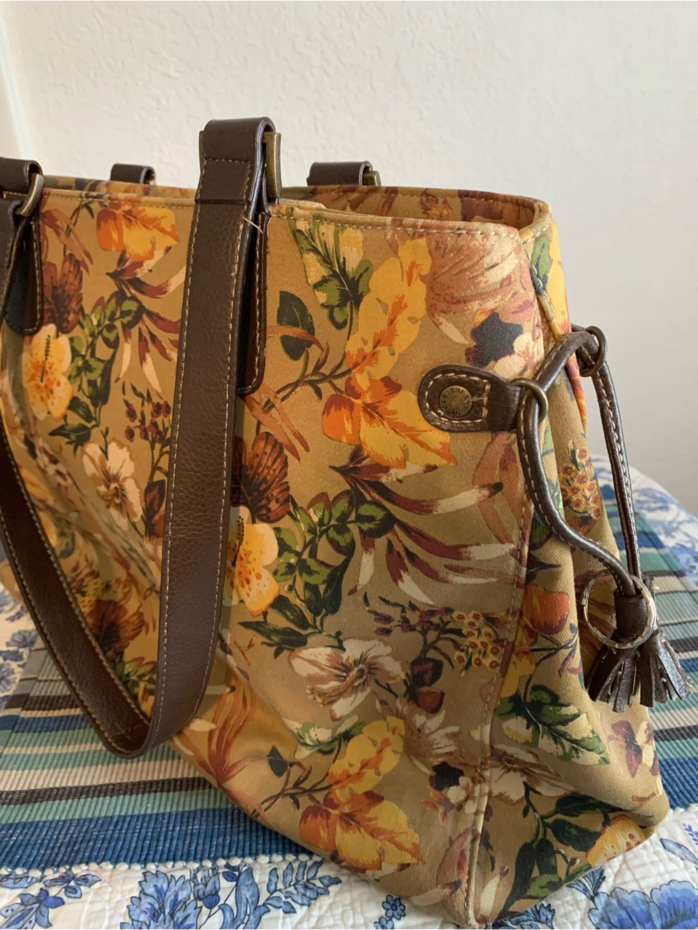 Caribbean Joe Floral Canvas Tote in Yellow, Brown and Green